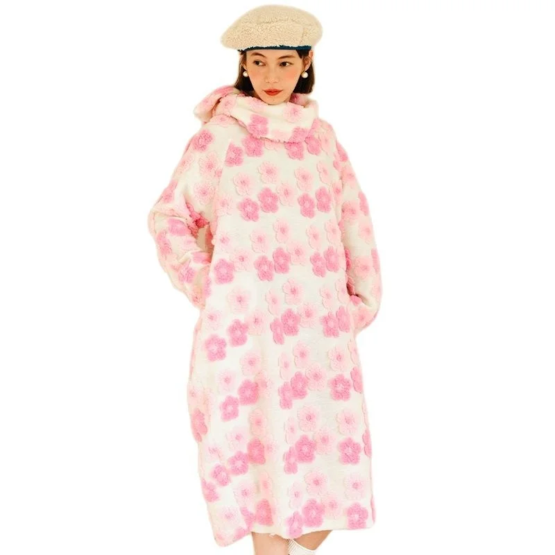 girls original Round neck pullover long sleeve pink three-dimensional Lamb hair cherry blossom Dress with scarf 223952