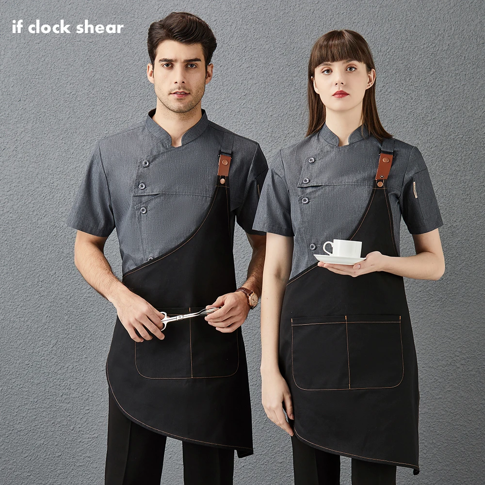 

Summer Chef Jackets Short Sleeved Kitchen Clothes Can Hanging Apron Restaurant Uniforms Unisex Catering Cook Coat Bakery Overall