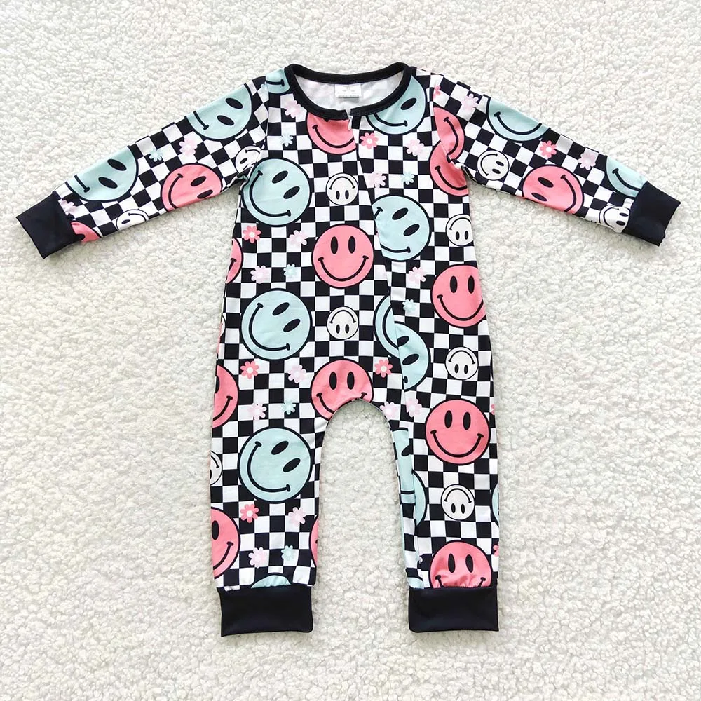 

Baby Girl Floral Smile Zipper Long Sleeves Romper Kid Toddler One-piece Newborn Checkered Coverall Bodysuit Snap Botton Jumpsuit