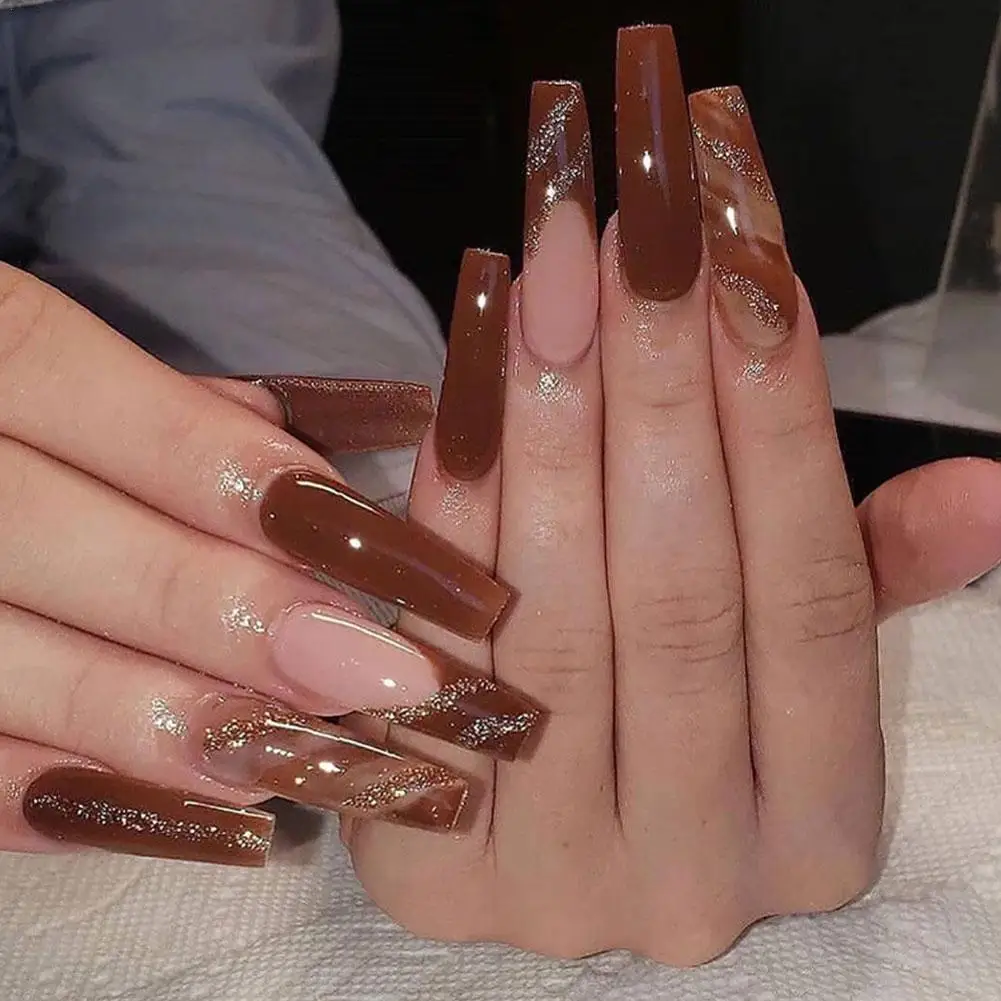 

French Coffin Artificial Fake Nails Full Cover Classic Design Ballerina Removable Long Fake Nails Press On Nail Tips With Glue