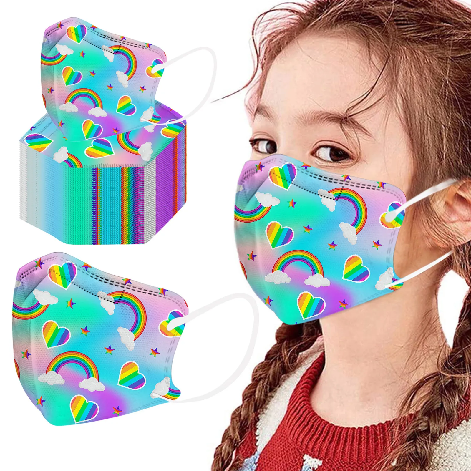 

50PCS 2-10 Years Old 5-Layer High-Density Mask PM2.5 Pollution Protect For Children rainbow print Earloop Bandage Masques NEW