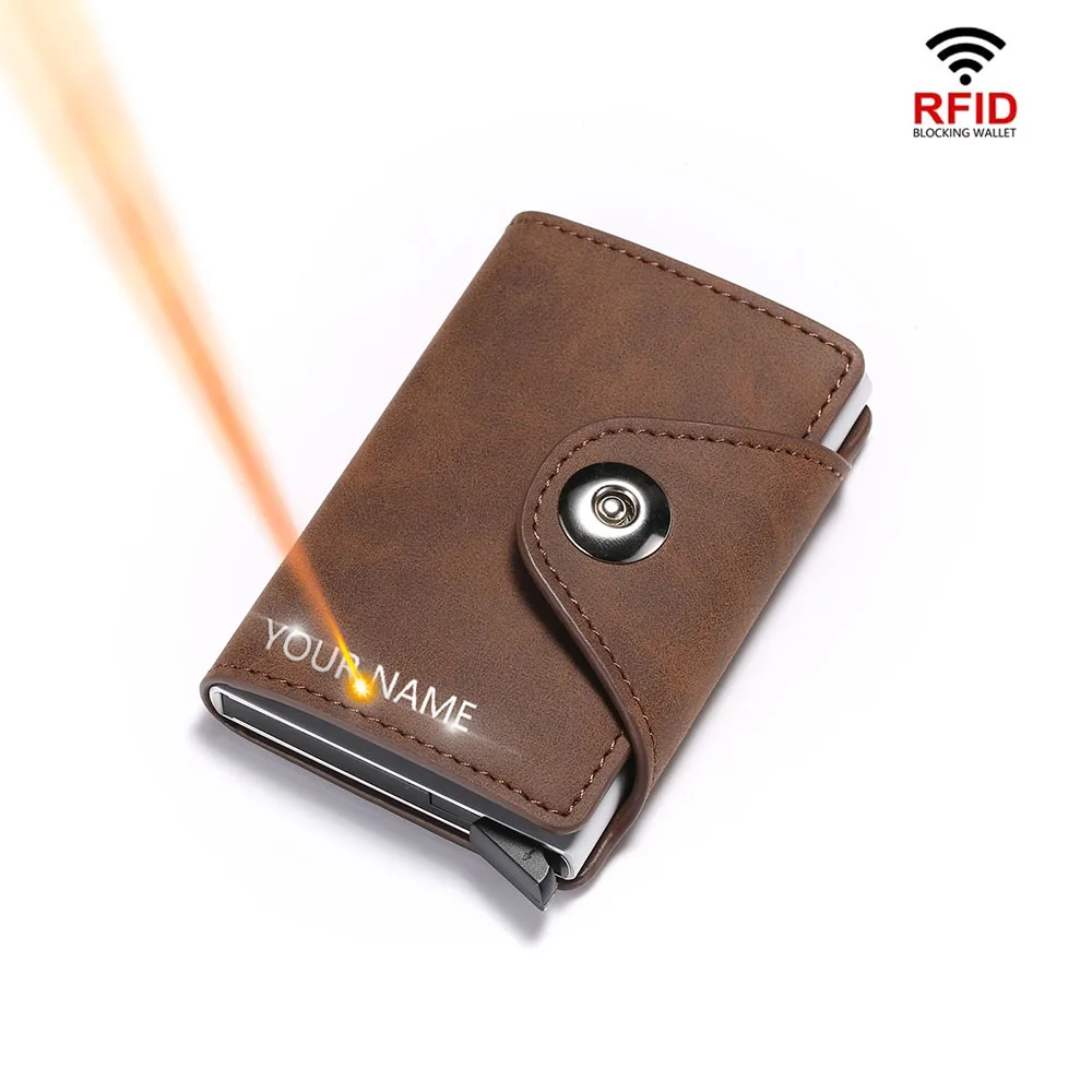 

Rfid Card Wallets PU Leather Name Print Trifold Men Card Holder High Quality Wallets Customized Mini Male Purses