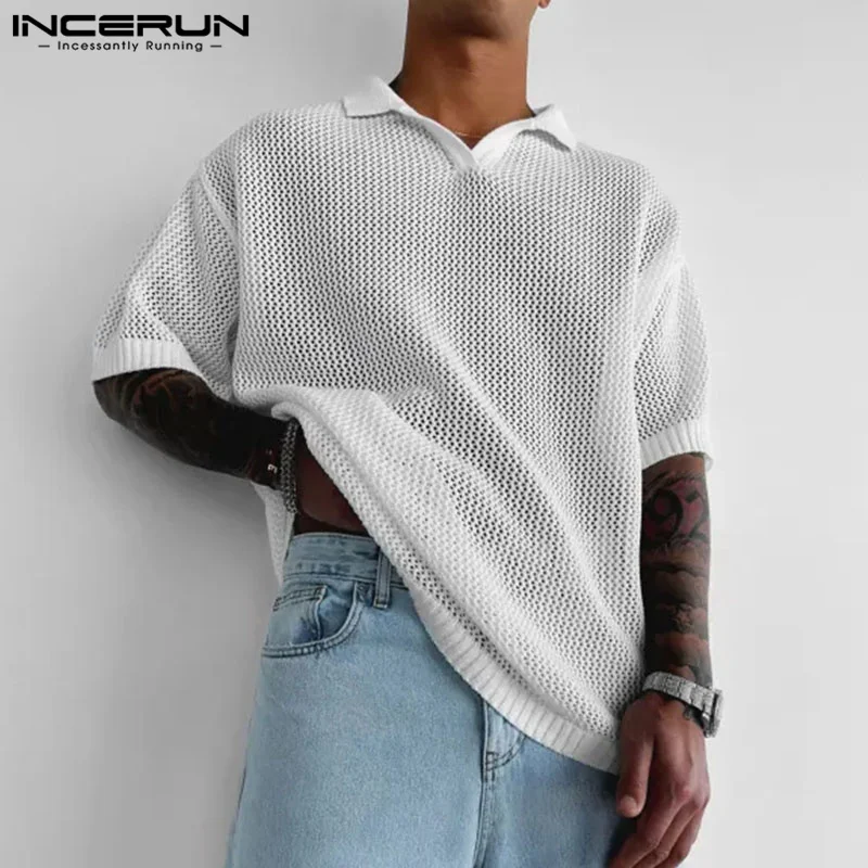 

INCERUN Men T Shirt Mesh Hollow Out Solid Lapel Short Sleeve Stylish Tee Tops Transparent Streetwear 2023 Loose Camisetas S-5XL
