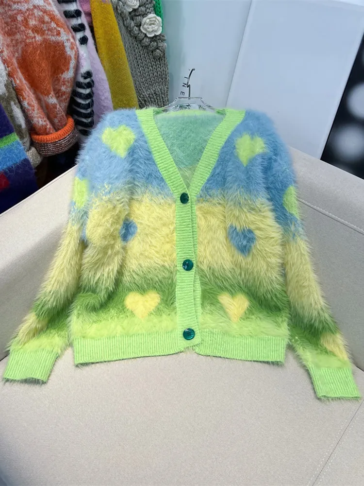 

Sweet Plush Knitted Cardigan for Women 2022 New Love Stiped Color V-neck Loose Sweater Coat Elegant Woman Lady Thick Sweaters