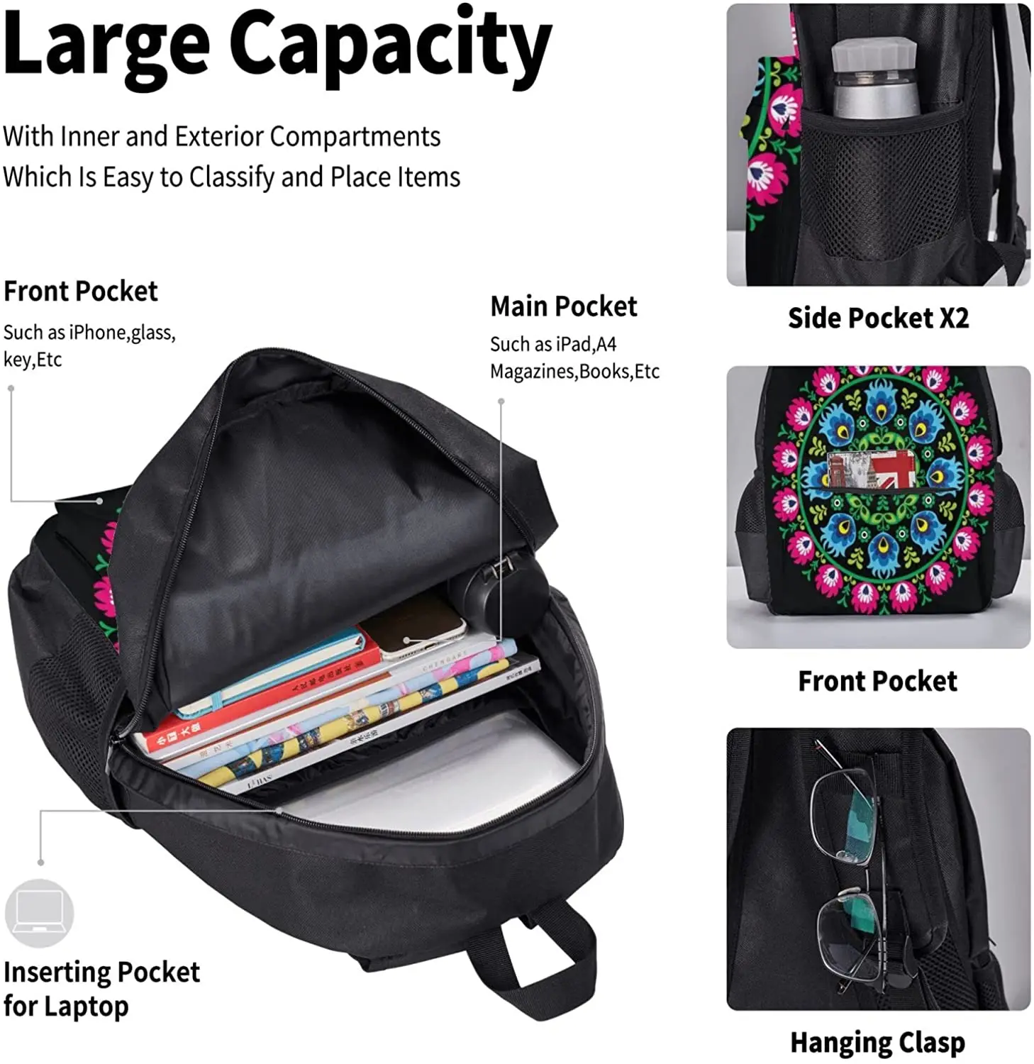 Polish Traditional Circle Folk Art Schoolbag Travel Bag Casual Daypack Lunch Bag Pencil Case for Boys Teens Girls 3pcs Sets