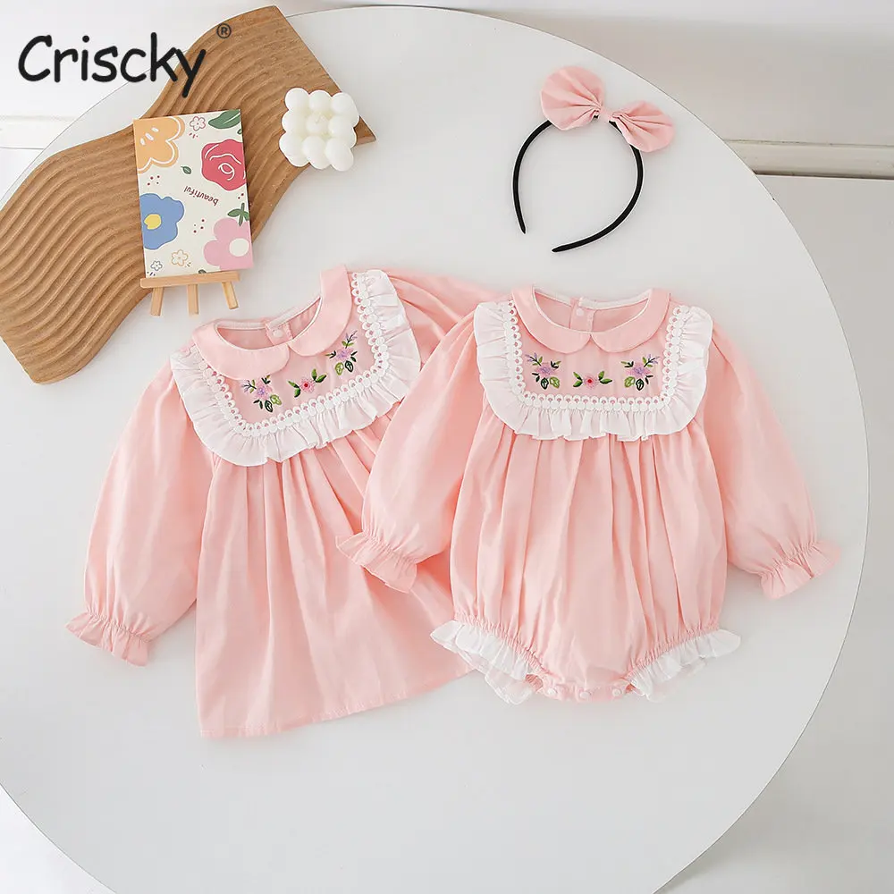 

Criscky Kid Baby Pink Dress2022 Autumn Baby Pink Lace Triangle Climbing Baby Clothes Girl Long-sleeved Romper Girl Dresses