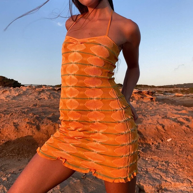 

Y2K Vintage Sexy Knitted Halter Dresses Harajuku Women 2021 Summer Beach Dress Retro Pink Mall Goth Bodycon New 2000s Aesthetic