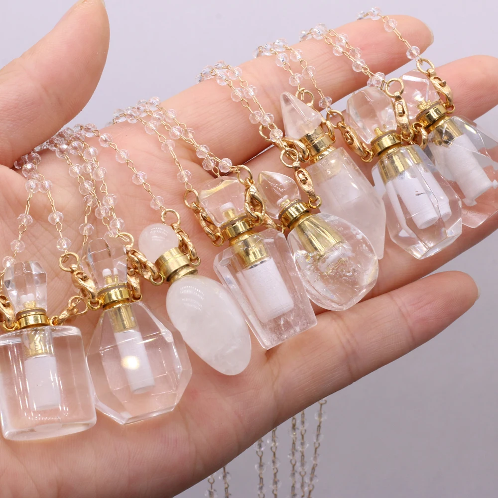 

2PCSNatural Stone Clear Quartz Perfume Bottle Pendant Necklace For Jewelry MakingDIY Necklace Accessories Healing Gem Charm Gift
