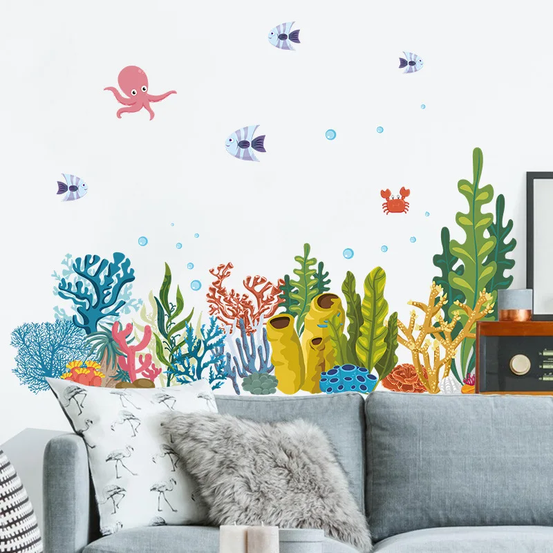

Underwater Seabed World Wall Stickers Coral Fish Bathroom Decoration Waterproof Home Decor Skirting Decal For Kids Rooms Vinyl