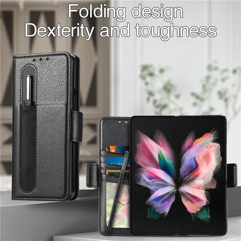 

Multifunction Leather Pen Holder Case for Samsung Galaxy Z Fold 3 Wallet Card Slot Cover Flip Stand Phone Bags