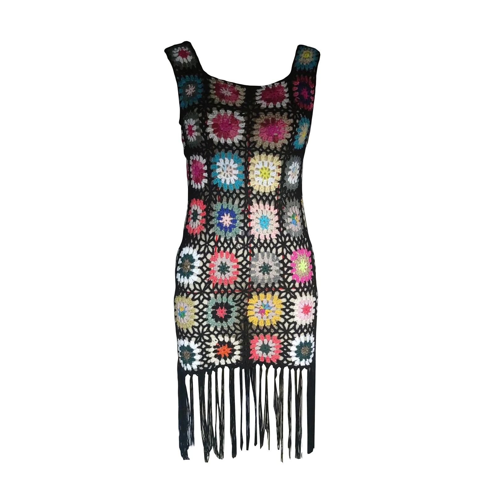 

Fashion Women's Cover-up Dress Crochet Colorful Sleeveless Hollowed Tasseled Summer Beachwear Dress Streetwear Y2k