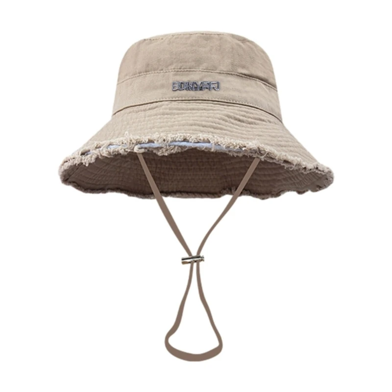 

Adult Frayed Bucket Hat Anti-Uv Wide Brim Hat with Adjustable Chin Rope Dropship