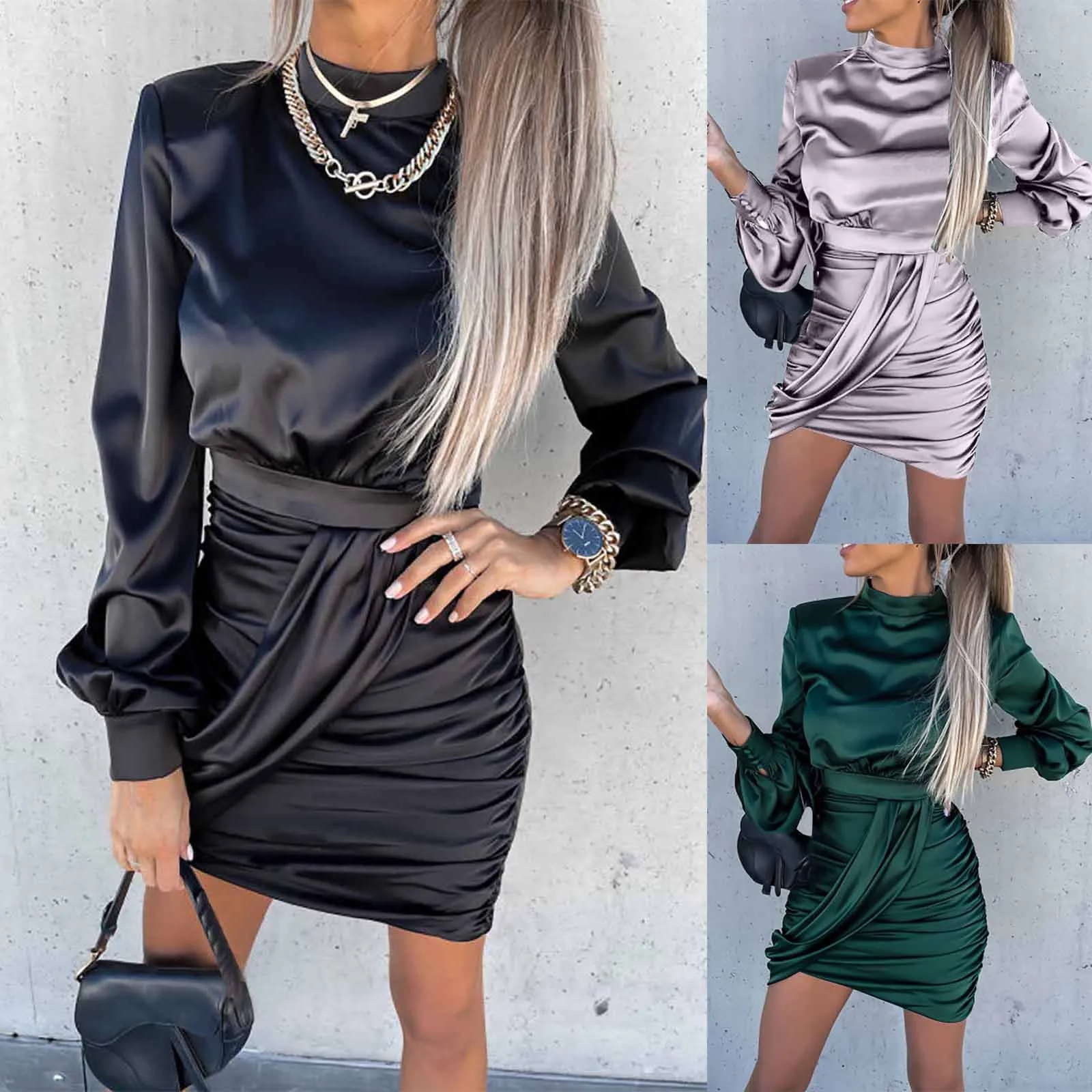 

Fashion Women Sexy Casual Buttocks O-neck Solid Long Sleeve Mini Dress