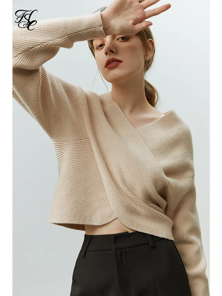 

FSLE Irregular Design Sense Women Cross V-neck Sweater Fashion Commuter Casual Autumn 2022 Long-sleeved Female Knitted Top