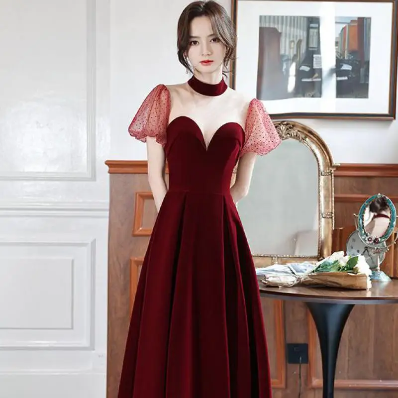 Chiense Prom Dress Burgundy Sexy Cheongsam 2022 New Perspective Dresses Woman Princess Evening Party Gown Mesh Pleated Vestidos