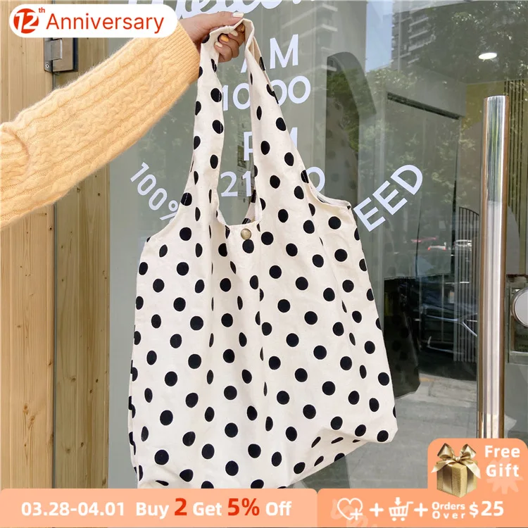 

Vintage Dot Women Canvas Handbags Female Student Retro Shoulder Bags Fashion Ladies Large Shopping Bag Simple Travel Casual Tote