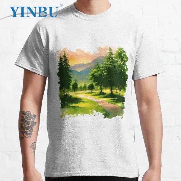 

Sunset Watercolor Mountains View Handpainted Landscape Art Pine Trees Forest Wanderlust Art graphic funny t shirts for men