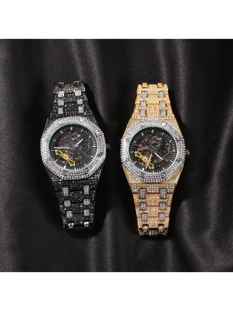 

WISHINING Men Watches Stainless Steel Mechanical Luxury Rhinestones Quartz Square Wristwatches Business Watch