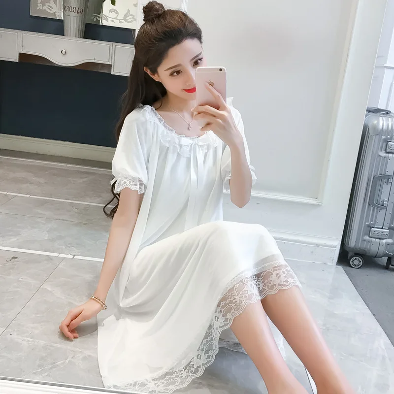 

Women Summer New Palace Style Lace Nightgowns Short Sleeve Cotton Home Dress Casual Loose Soft Comfortable Sleepdress Negligee