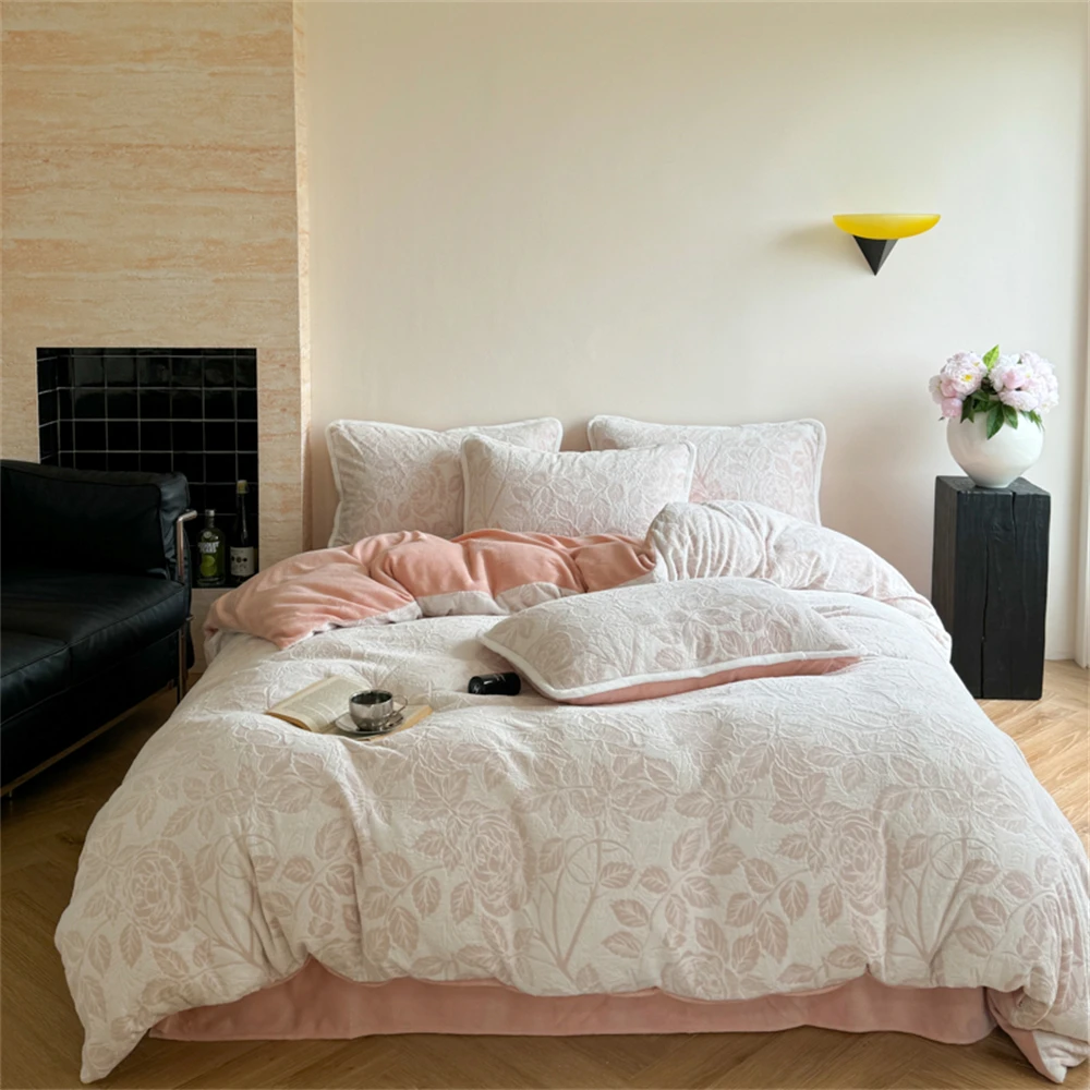 Carved Milk Velvet Bedding Set Thickened Winter Warm Quilt Cover Pillowcase Bed Sheet Soft Skin Friendly Bedroom Duvet