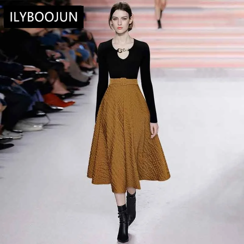 

Женский Дизайнерский Костюм с юбкой, черный вязаный Топ с длинным рукавом и трапециевидная юбка миди с высокой талией, комплект из двух пред...