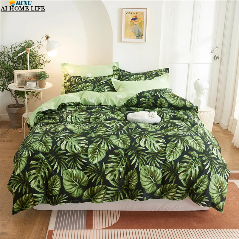 

Тропический стиль, пододеяльник с зелеными пальмовыми листьями и наволочкой, пододеяльник в стиле растений, двуспальный, Королевский разме...