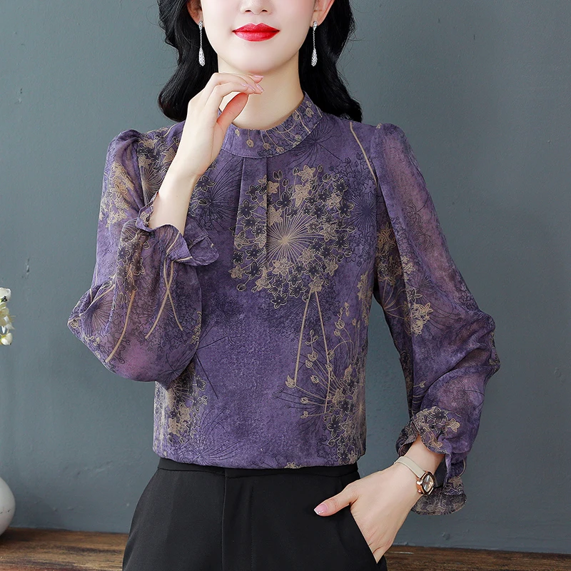 Женская шифоновая блузка с длинным рукавом и воротником-стойкой