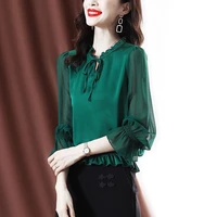 chiffon shirt womens 2022 spring new long sleeved waist less thin small shirt lace up bow top solid casual