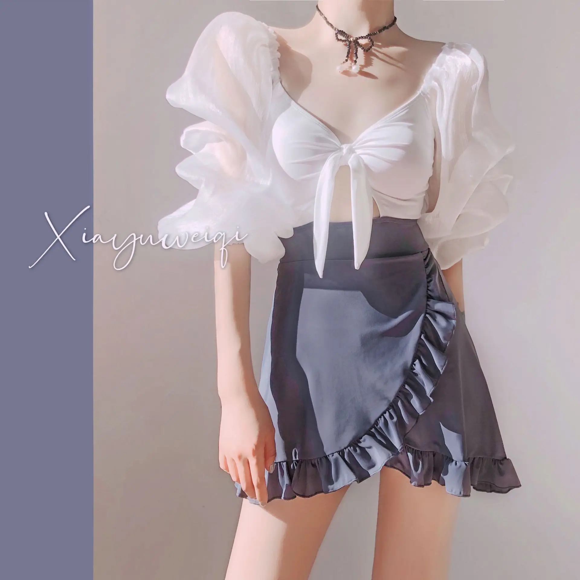 

Little Fairy Fan One-Piece Swimsuit Puff Sleeve Cover Belly Slimming Swimsuit Swimming Hot Spring Women's Swimsuit Wholesale