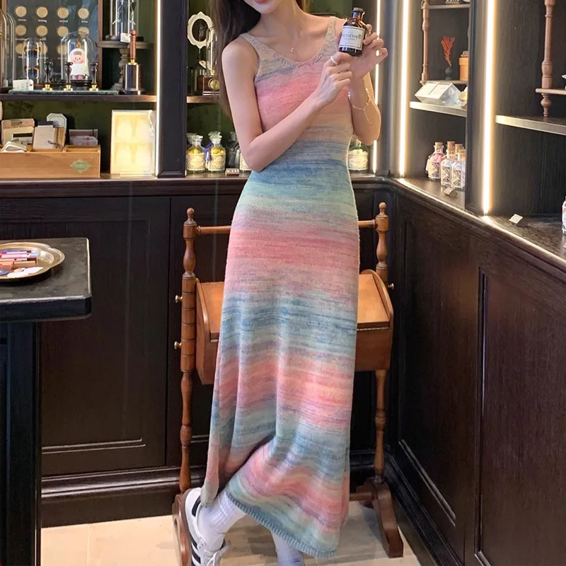 

2023 Summer Knitting Women Dresses Rainbow Contrast Color V Neck Spring Summer Vestidos Korean Fashion Sexy Robe Femme Vintage