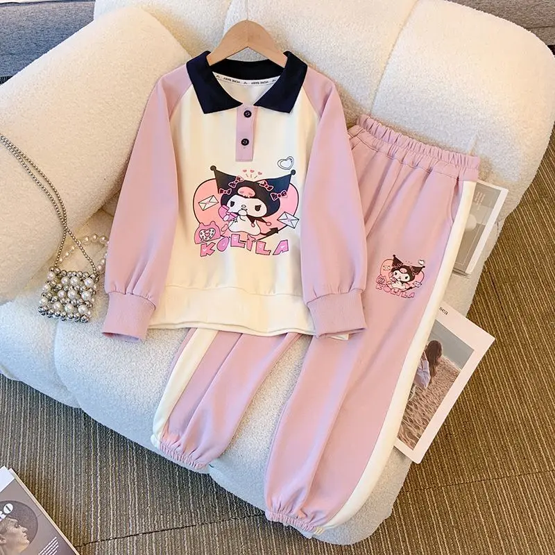 

Kawaii Sanrios Anime Series Kuromi Fall New Middle and Large Children's Cotton Printing Models Casual Sports Wind Two-Piece Set