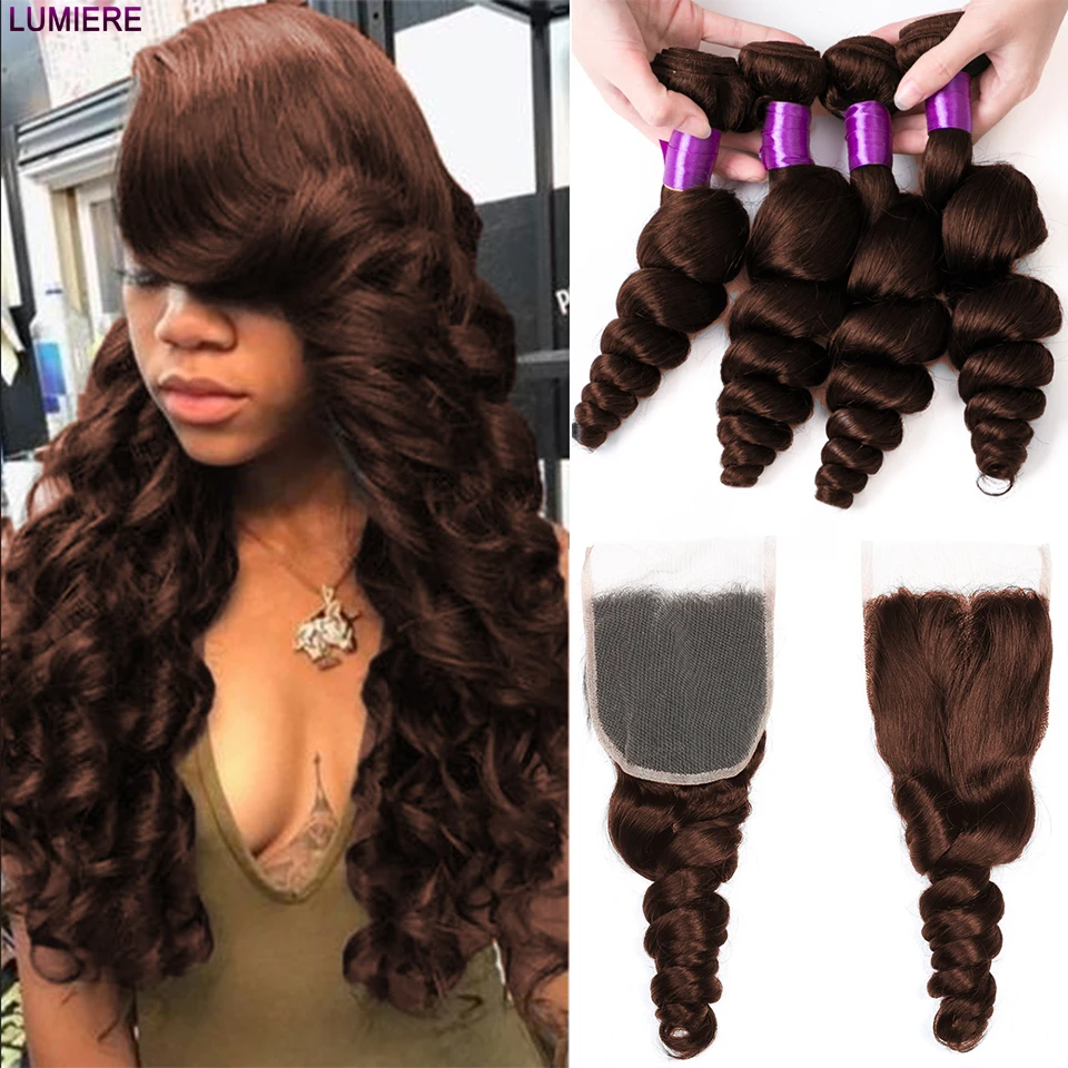 

Lumiere 10"-28" 100% Remy #4 Loose Wave Machine Double Weft Human Hair Bundles With 4X4 Medium Brown Lace Closure For Women