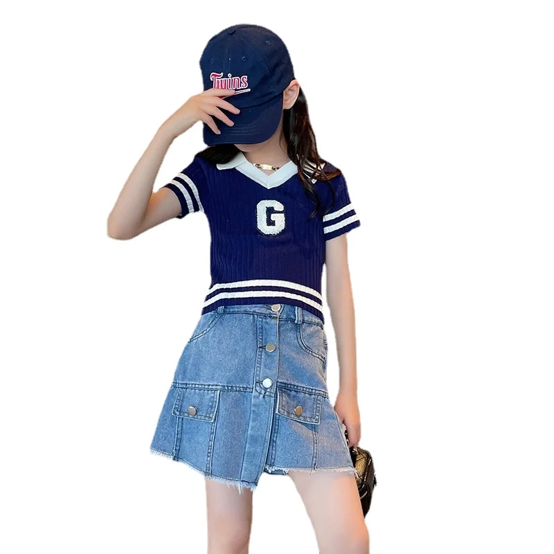 

Kid Clothing Girls Summer Casual Set Letter Print V-neck Polo Shirt Knitted Top + Denim Culottes 2pcs Streetwear Outfit 4-14 Yrs