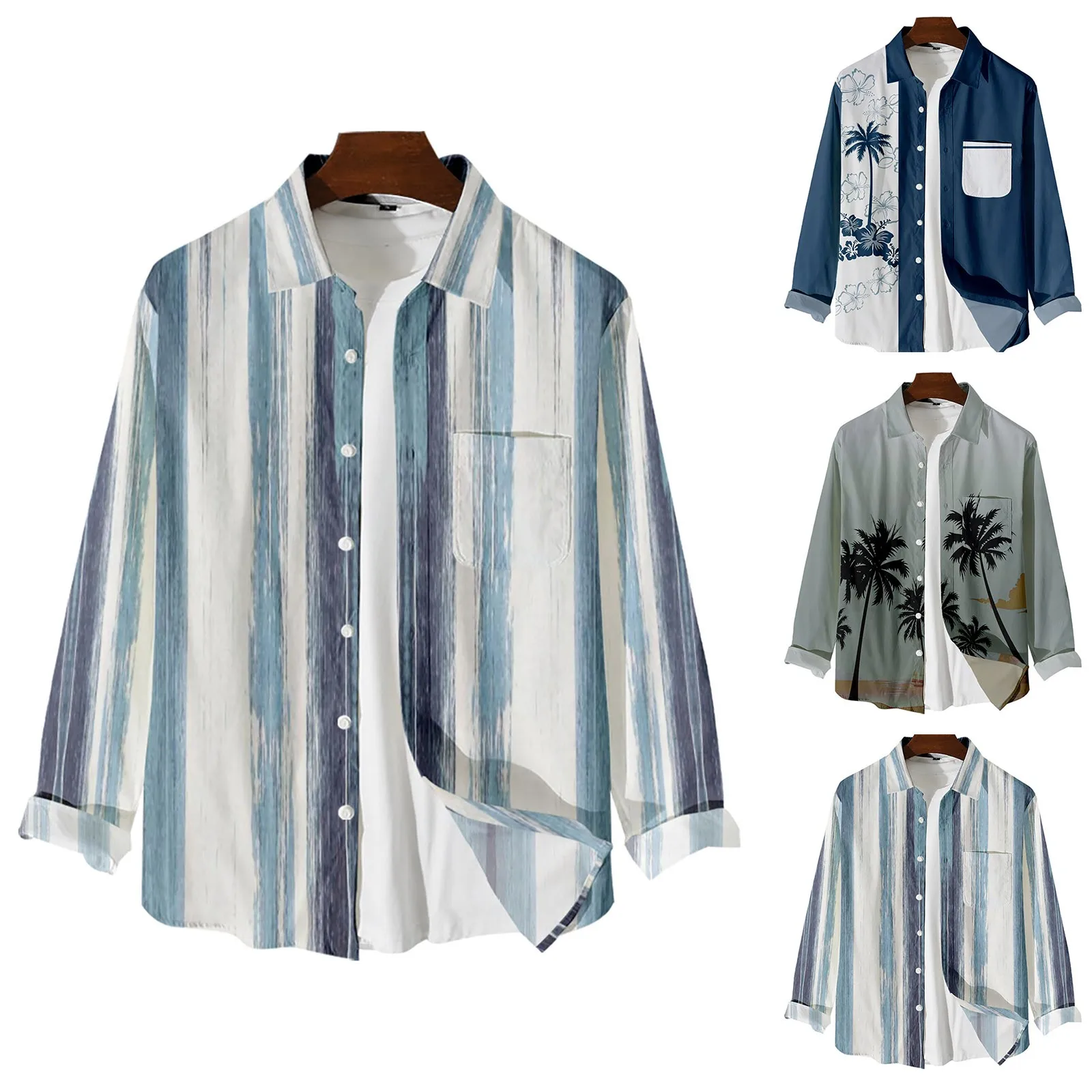 

Гавайская Мужская рубашка с длинным рукавом, Пляжная Пижама с ложным воротником, с принтом s, в западном стиле, с воротником на пуговицах