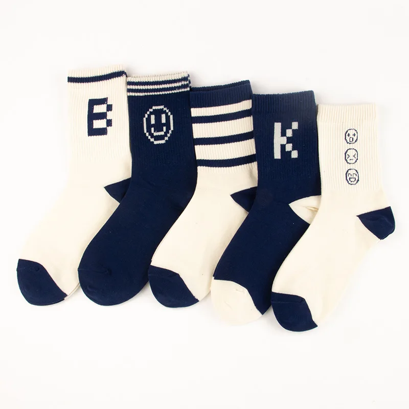 5 Pairs Letters Striped Print Casual Women's Mid Tube Solid Color Socks College Style Trendy Personality Long Tube Women's Socks