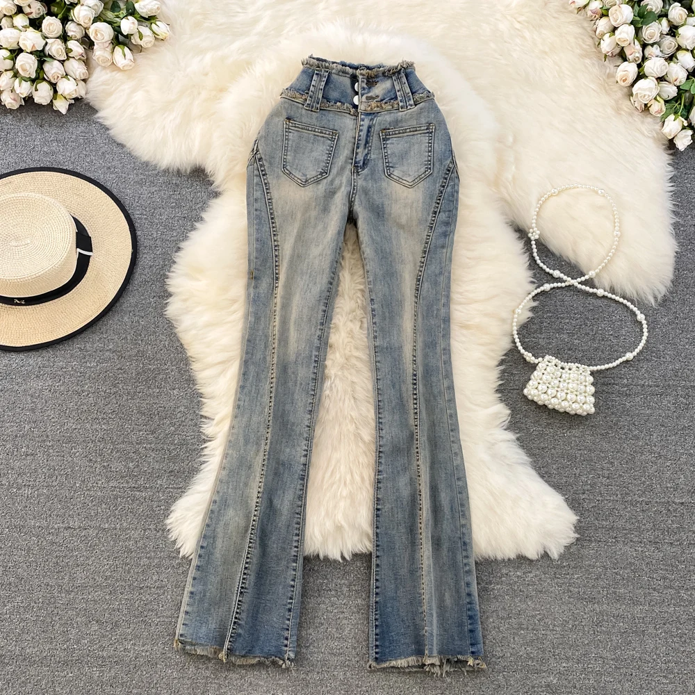 

Casual High-waisted Slim Flared Jeans Women's Autumn American Retro Temperament Tight-fitting Drape Raw Edge Trousers