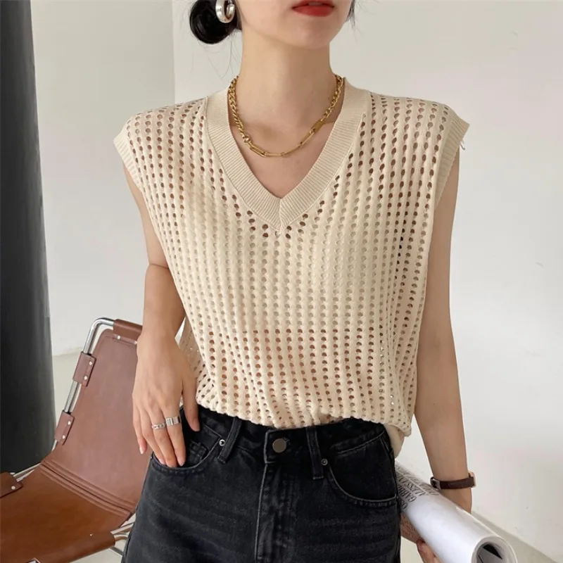 

Женская ажурная вязаная футболка без рукавов, элегантная летняя французская майка с V-образным вырезом