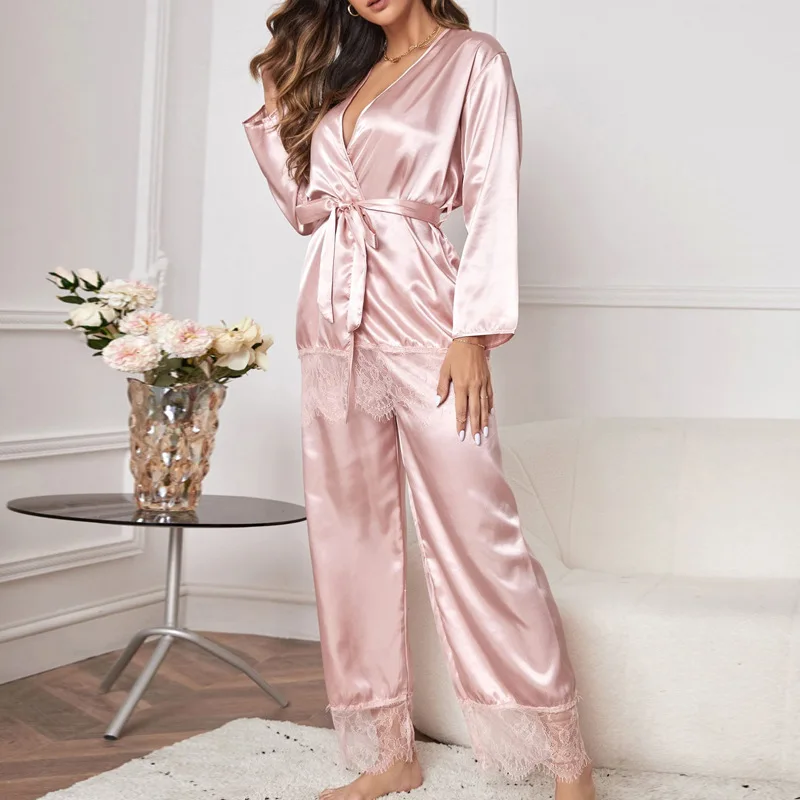 Summer Woman Sleepwear Suit Lace Trim Satin Pajamas Set High Waist Robe Trousers Sexy Silk Pijamas Casual Home Clothes Nightwear