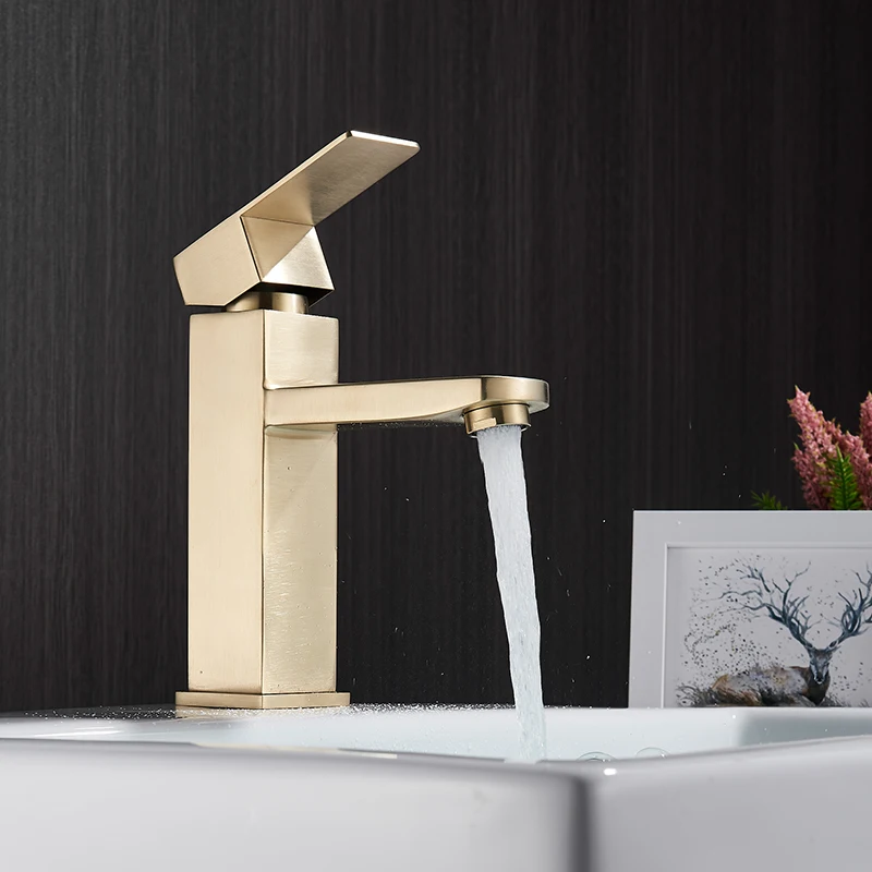 

Brushed Gold Basin Sink Faucet Single Lever Square Hot Cold Water Tap Deck Mounted Bathroom Vessel Sink Mixers One Hole