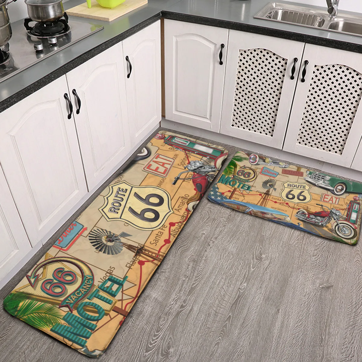 

Kitchen Rugs Set of 2 Vintage Route 66 Retro America Usa Soft Kitchen Mat Runner Carpet Set Bath Rug Doormat for Kitchen Floor E