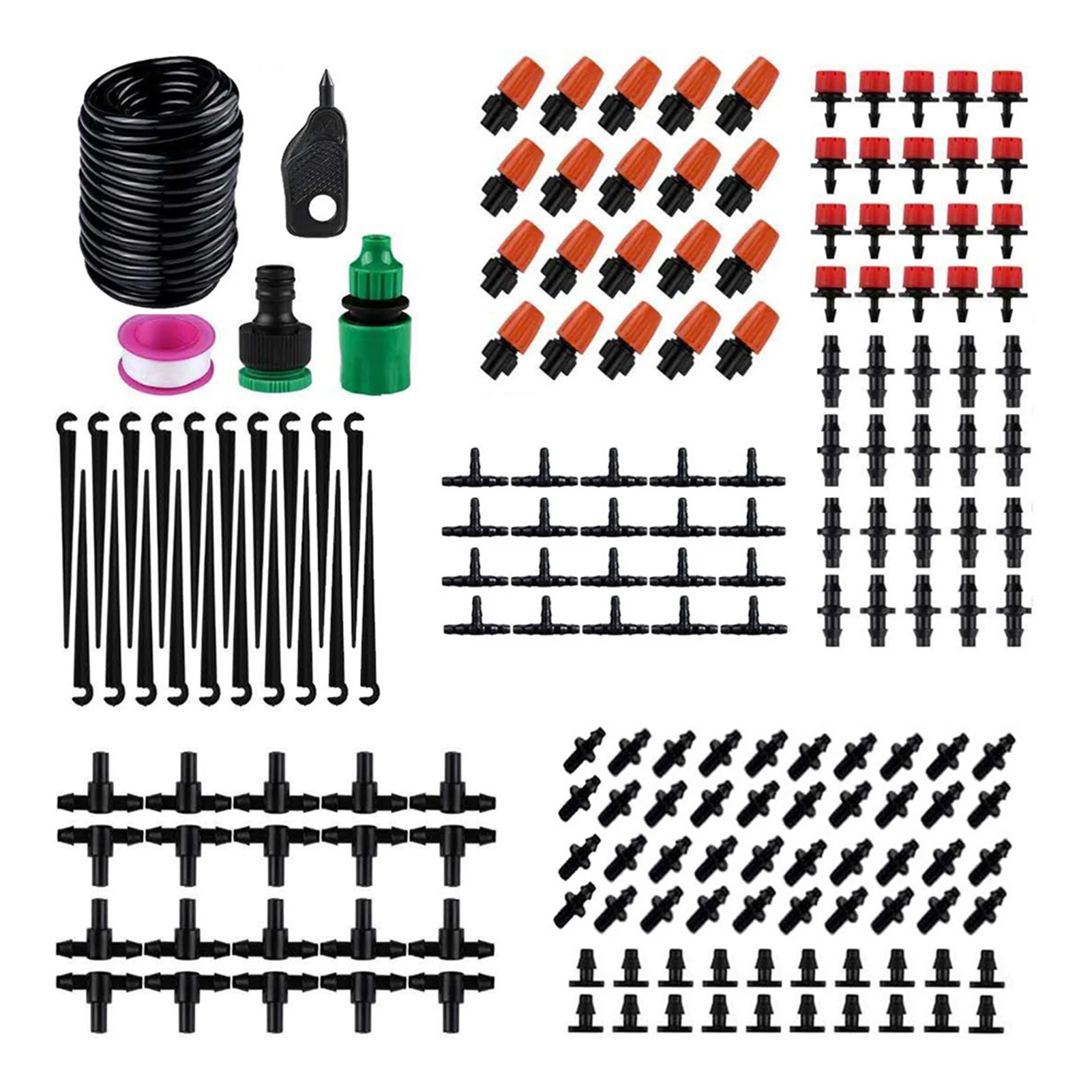 

185pcs Greenhouse Outdoor Garden Watering Patio Lawn Distribution Automatic 20m 66ft Hose Drip Irrigation Kit Adjustable Dripper