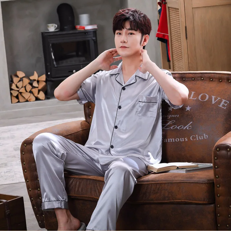 Men's Pajamas Set Silk Satin Pajamas Lapel Pajamas Pajamas Long Sleeve Spring Pajamas Men's Two-piece Set Casual Loose Homewear