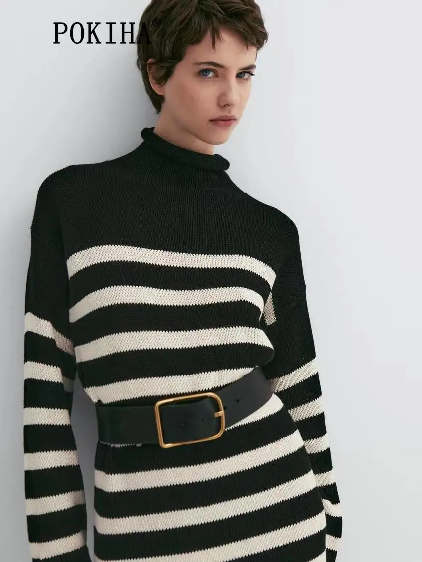 

Pokiha Women Fashion Autumn 2023 New Elegant Striped High Neck Knitted Mini Dress Vintage Long Sleeve Chic Female Dresses Mujer