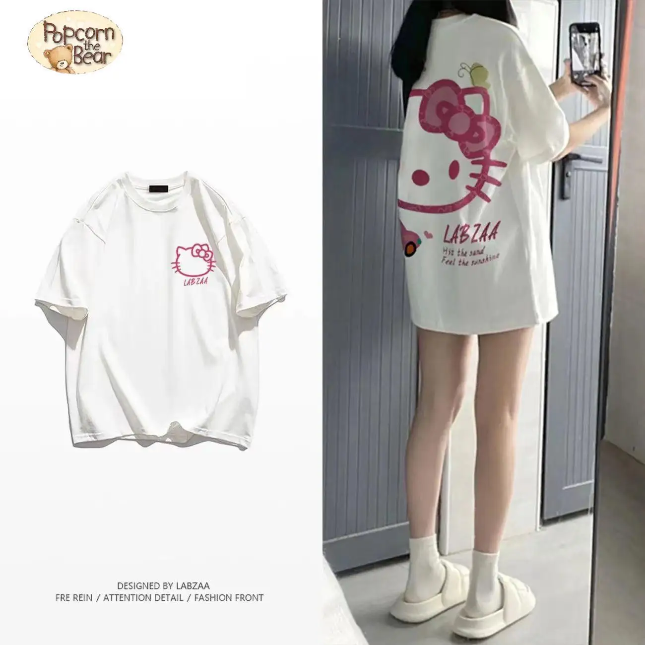 

Sanrio Hello Kitty T-Shirt Women's Short-Sleeved Cartoon Anime Girl Heart Loose Cute Student Top Summer Clothing