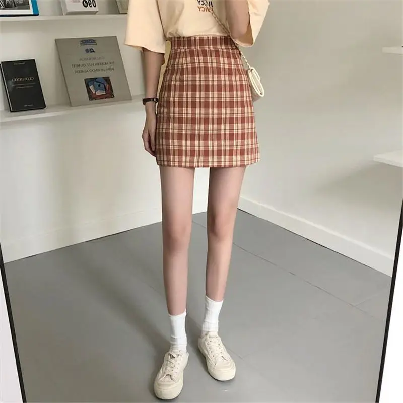 

Lined Anti Glare Skirt Women's Korean Spring and Summer High Waist Plaid A-Line Bag Hip Sexy Short Skirts Girl College Style