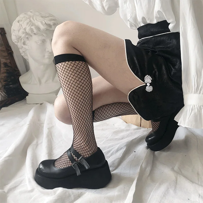 Black Fishnet Long Stockings Women JK High Knee Socks Female Sexy Mesh Stocking Leg School Girls Dress Calcetine Medias Elastic