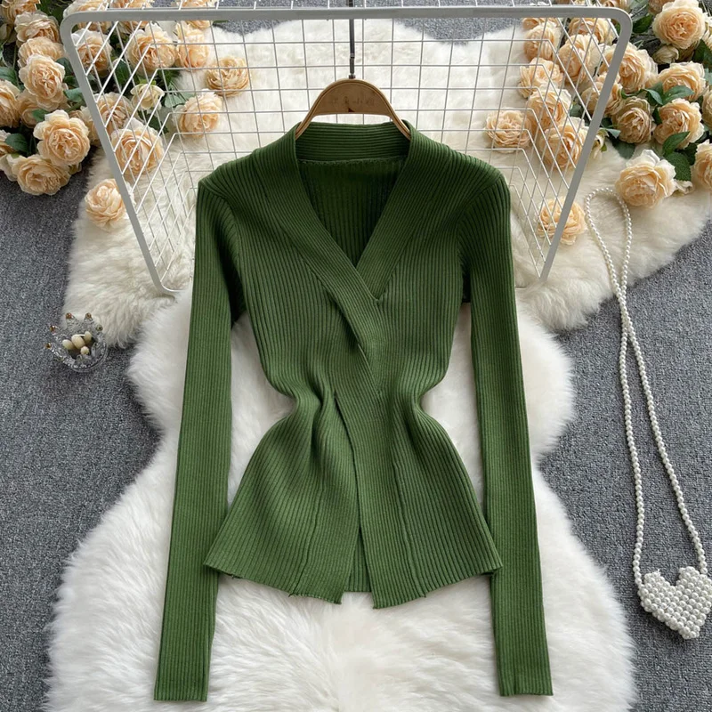 

F GIRLS Gagaok Knitted Sweater Women 2022 Spring Autumn New Solid Streetwear V-Neck Full Sweaters Slim Fashion Wild Korean