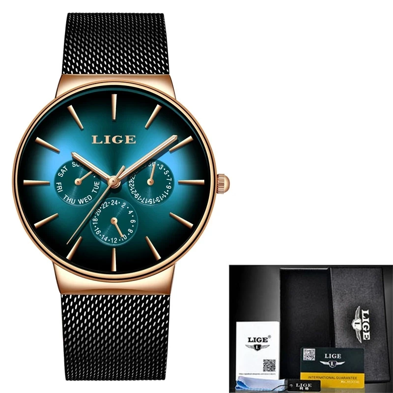 LIGE New Watch for Women Wrist Watches Fashion Stainless Steel Brand Watches Ladies Quartz Watch Date Week Clock Reloj Mujer+Box