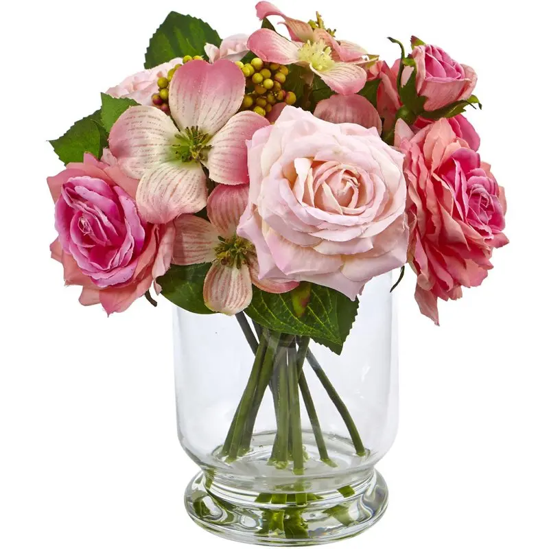 

10in. Pink Rose and Berry Artificial Flower Arrangement Wedding Party Vase Home Autumn Decoration Fake Flower