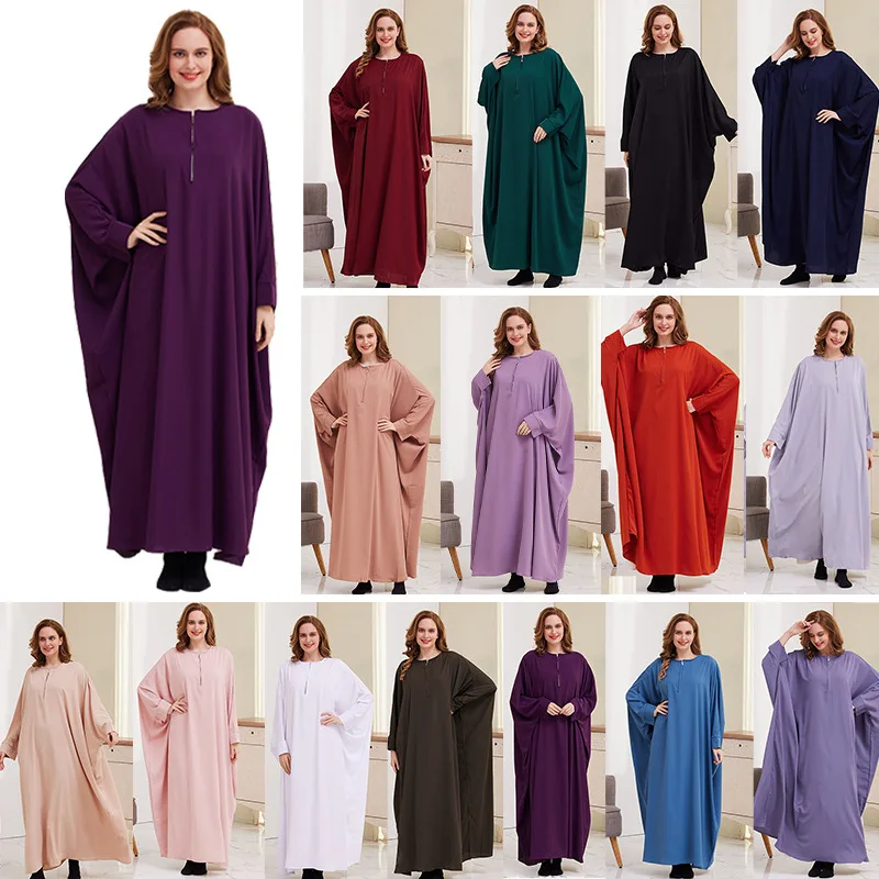 

Muslim Spring Solid Color Fashion Women Dress O-Neck Long Sleeve Fashion Vintage Muslim Elegant Casual Kaftan Holiday Robe